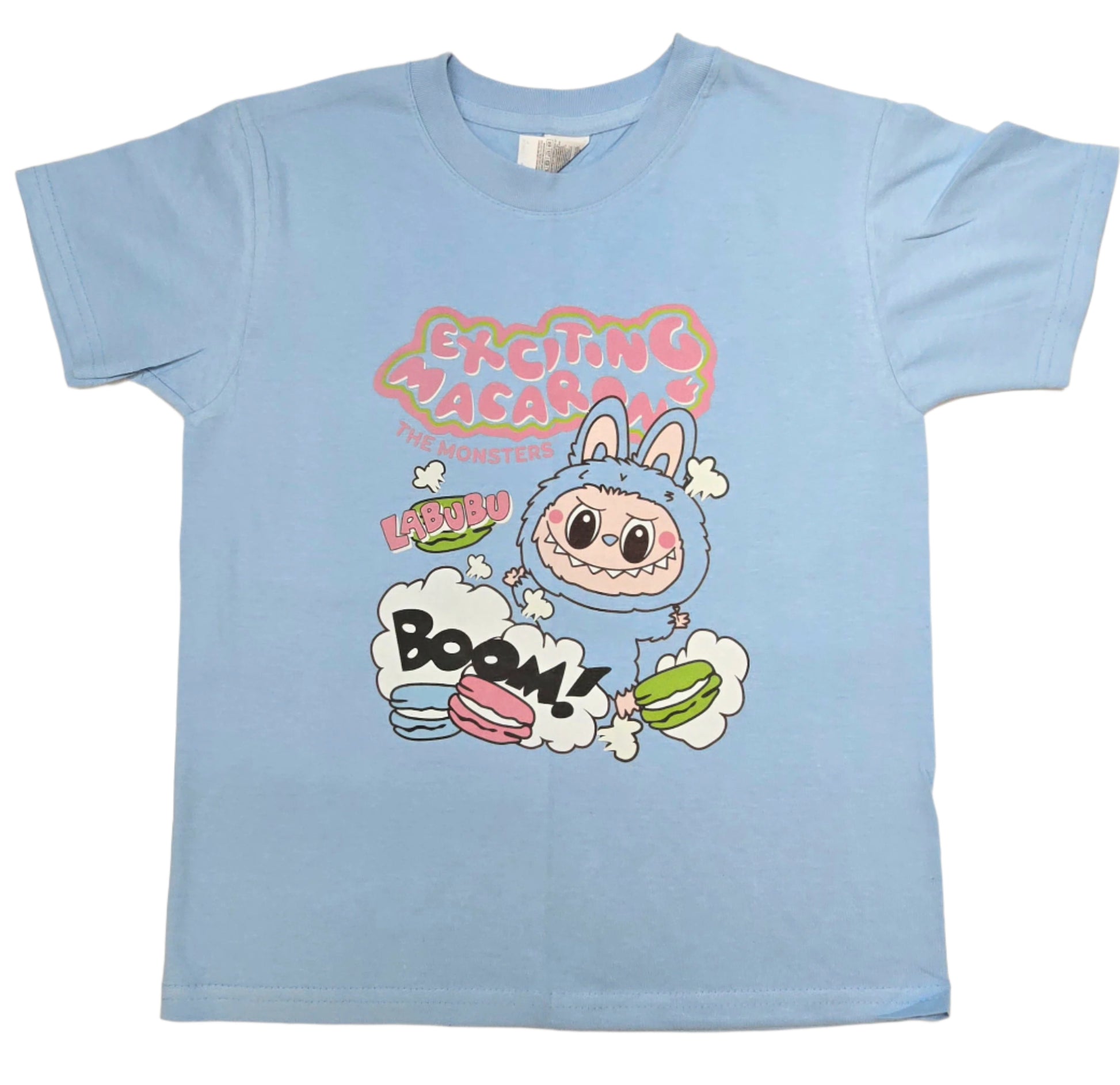 Light blue t-shirt with cartoon character and text on a white background