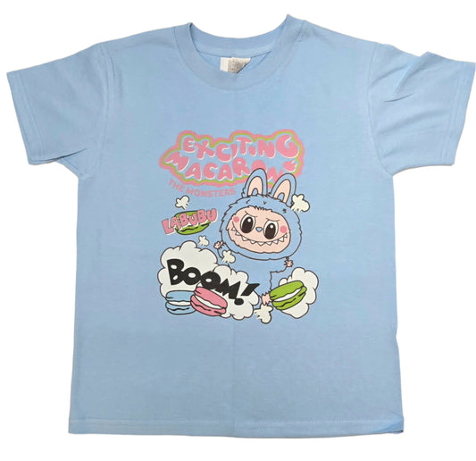 Light blue t-shirt with cartoon character and text on a white background