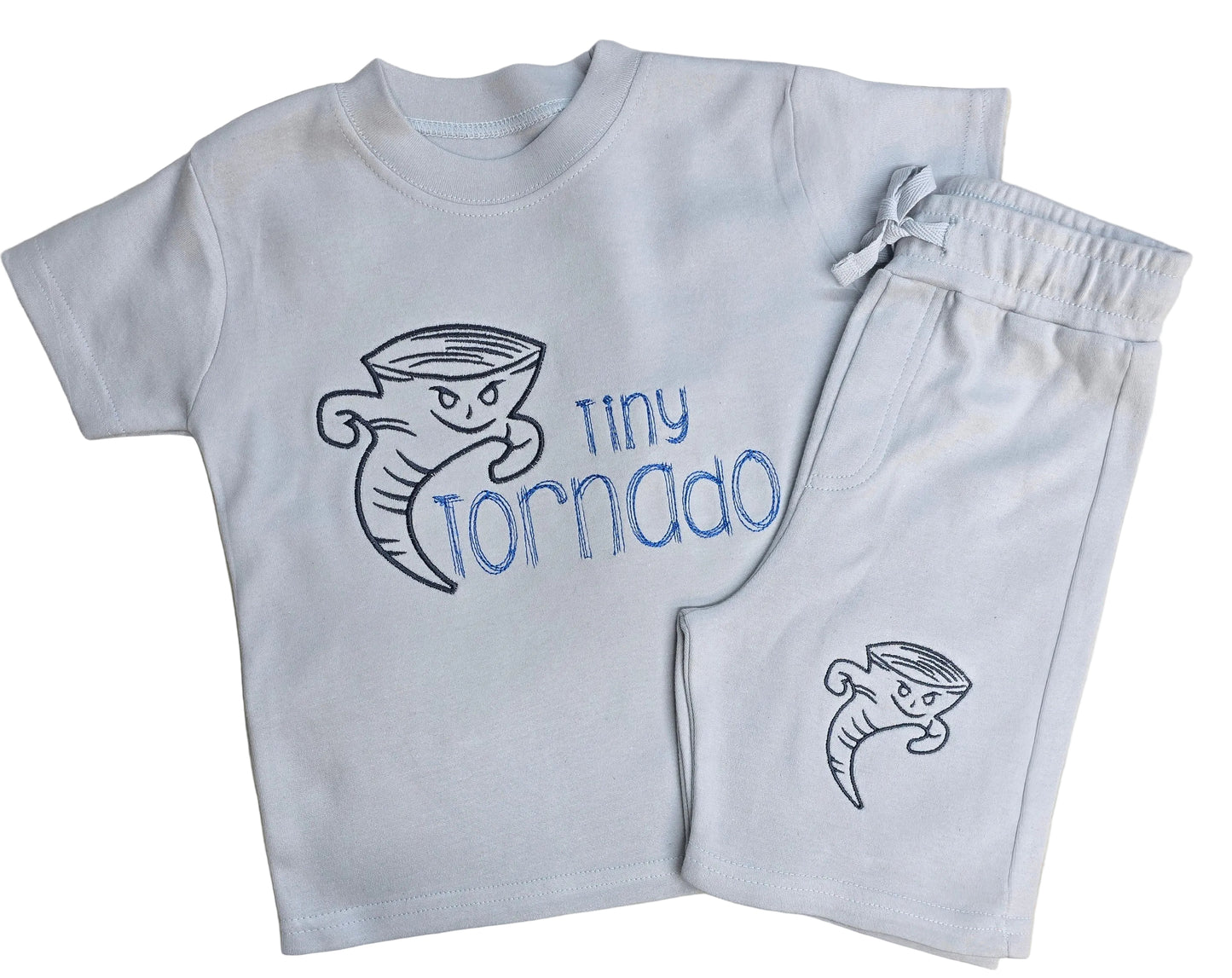 Children's t-shirt and shorts set with 'tiny tornado' design embroidered on a light background