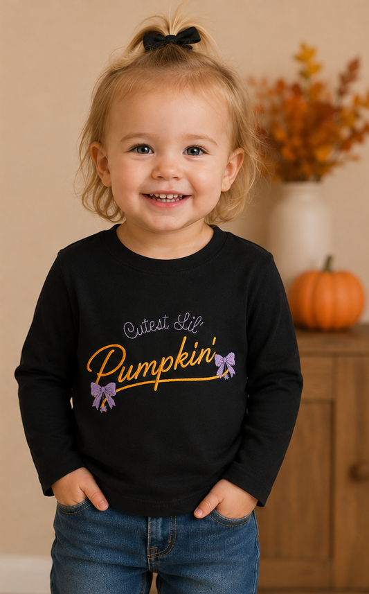 Girls Cutest Lil' Pumpkin Embroidered Halloween T-shirt