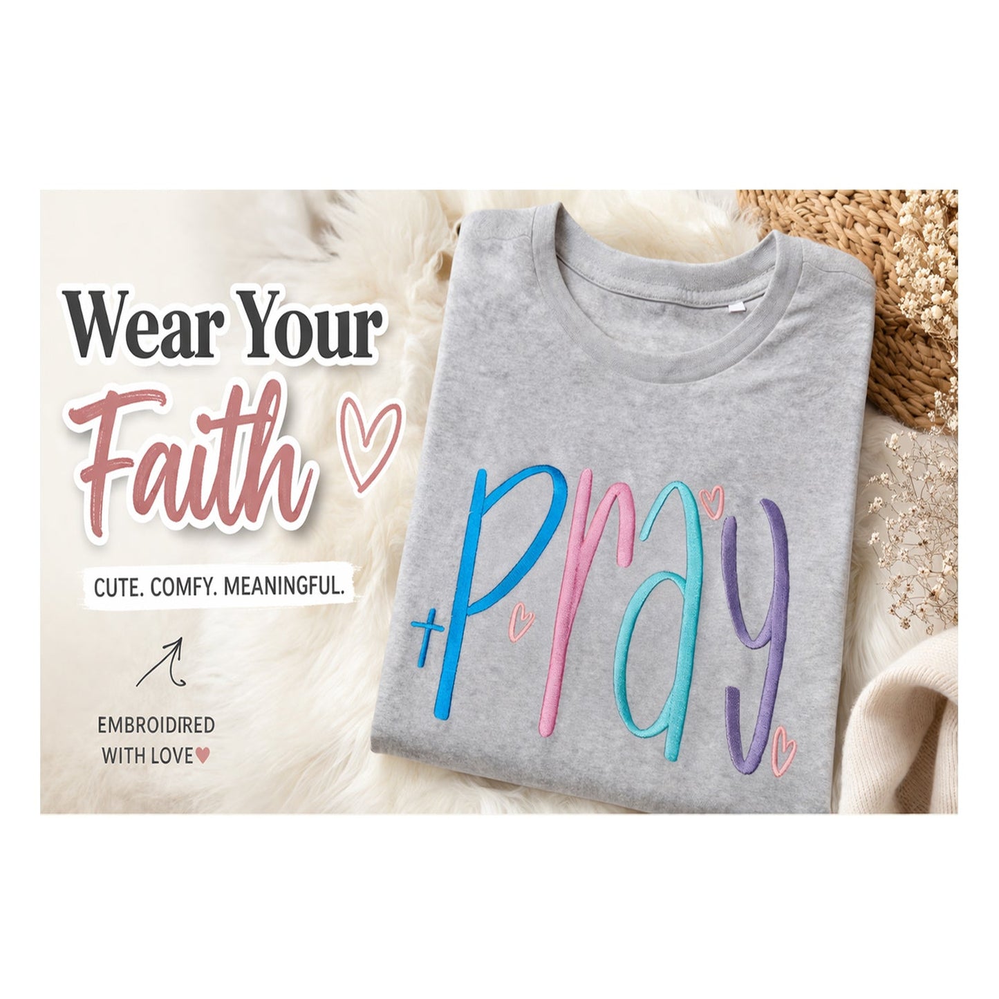 Gray t-shirt with an embroidered ' Pray' text on it