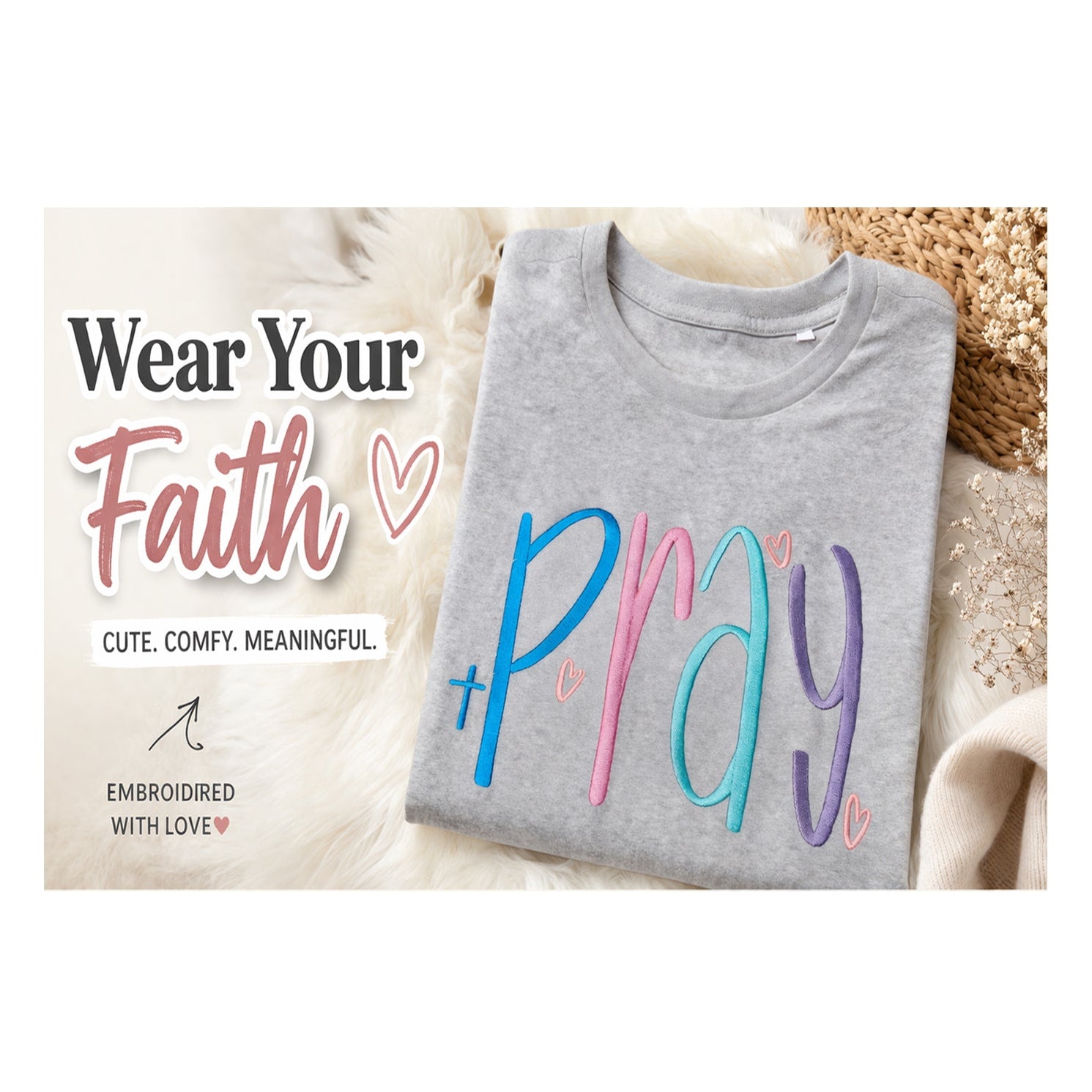 Gray t-shirt with an embroidered ' Pray' text on it
