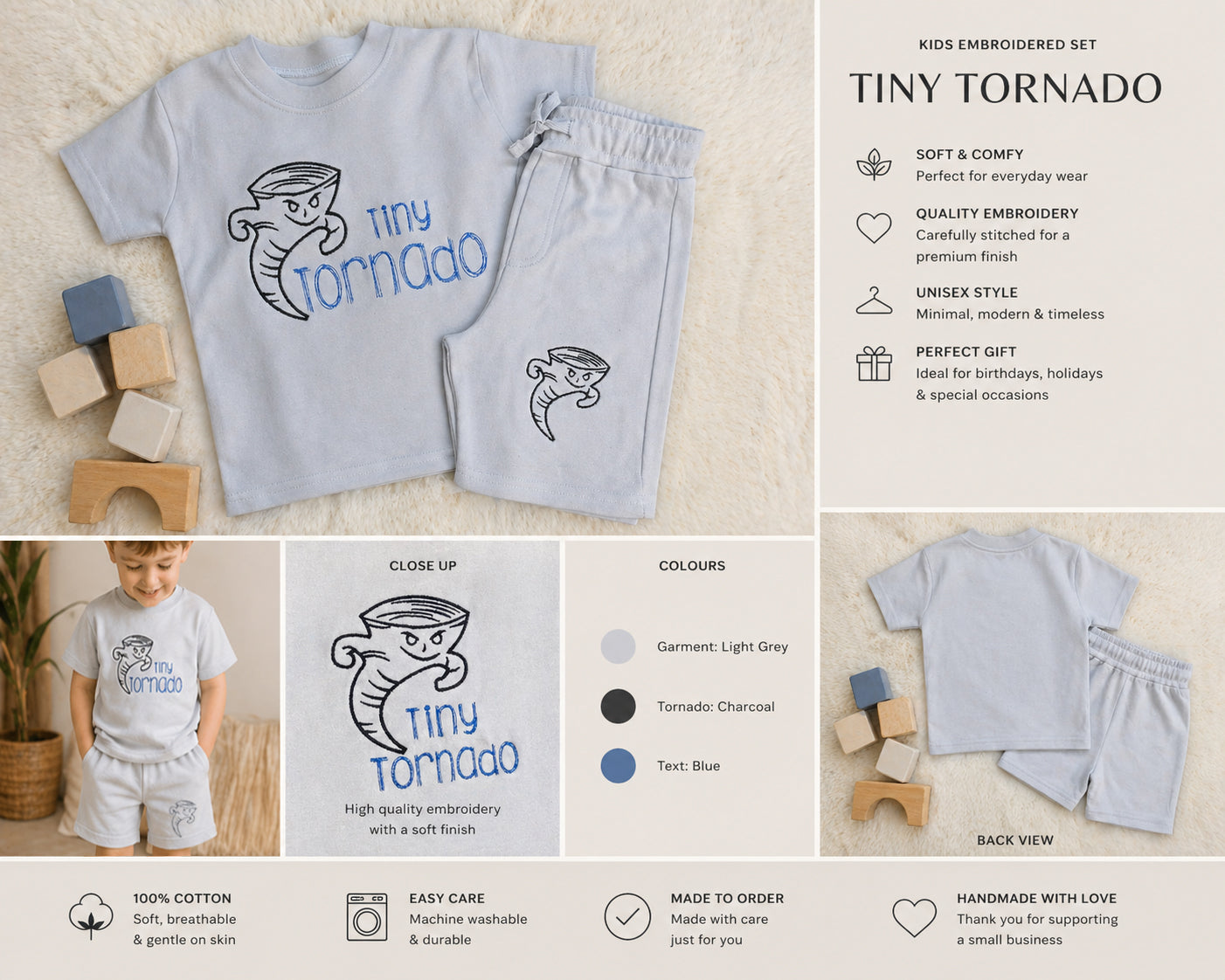 Embroidered kids shorts set | Tiny Tornado outfit | Toddler summer set